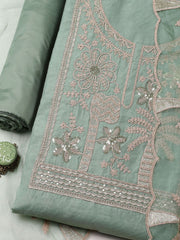 Embroidered Chanderi Unstitched Suit With Pant & Dupatta