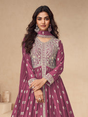Embroidered Chinon Silk Gown With Plazzo & Dupatta