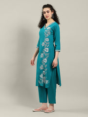 Embroidered Cotton Blend Kurta With Pants