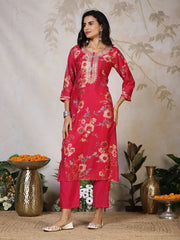 Printed Neck Embroidered Cotton Blend Kurta