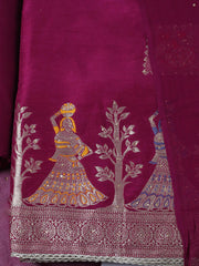 Woven Design Chanderi Wine Unstitched Suit With Pant & Dupatta