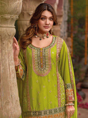 Embroidered Chinnon Silk Kurti With Gharara & Dupatta