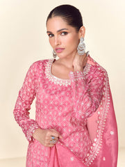 Embroidered Tissue Crush Kurta With Plazzo & Dupatta
