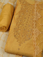 Embroidered Chanderi Mustard Unstitched Suit With Pant & Dupatta
