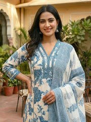 Printed Cotton Blend Kurta With Pant & Dupatta