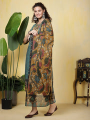 Printed Cotton Blend Kurta With Pants & Dupatta