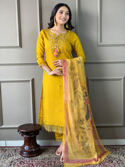 Resham Embroidery Cotton Blend Kurta With Pants & Dupatta