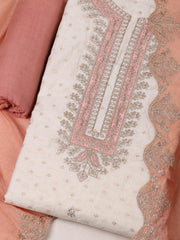 Embroidered Chanderi Cream-Peach Unstitched Suit With Pant & Dupatta