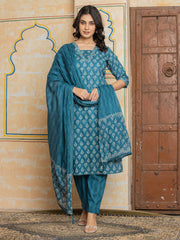 Embroidered Cotton Blend Kurta With Pant & Dupatta