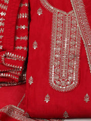 Embroidered Chinon Red Unstitched Suit With Pant & Dupatta