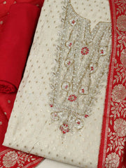 Embroidered Chanderi Cream-Red Unstitched Suit With Pant & Dupatta