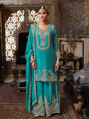 Embroidered Chinnon Kurta With Gharara & Dupatta
