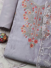 Embroidered Chanderi Unstitched Suit With Pant & Dupatta