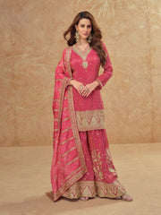 Embroidered Zari Work Kurta Sharara Set with Bandhani Dupatta