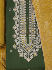 Embroidered Chanderi Mehndi Unstitched Suit With Pant & Dupatta
