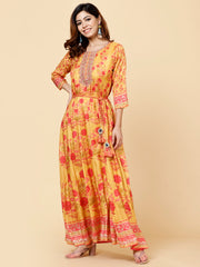 Floral Printed Flared Mustard Muslin Kurta