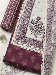 Printed Cotton Blend Unstitched Suit With Pant & Dupatta