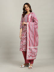 Floral Parinted Cotton Blend Kurta With Pants & Dupatta