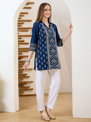 Neck Embroidered Denim Kurta