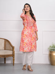 Printed Neck Embroidered Cotton Blend Kurta