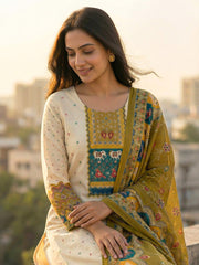 Printed Cotton Blend Kurta With Pant & Dupatta