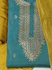 Embroidered Chanderi Rama Green Unstitched Suit With Pant & Dupatta