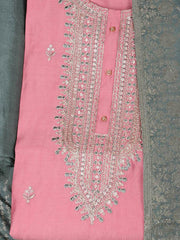 Embroidered Chanderi Pink Unstitched Suit With Pant & Dupatta