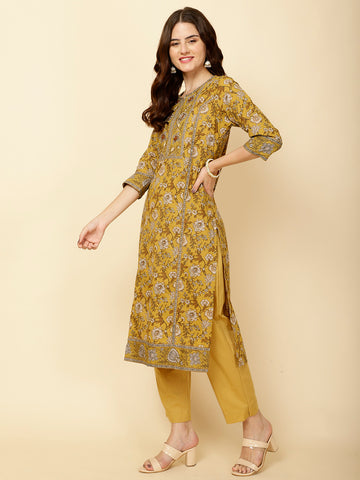Floral Printed Cotton Straight Kurta With Pants