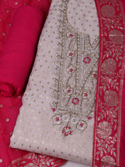 Embroidered Chanderi Cream-Rani Unstitched Suit With Pant & Dupatta