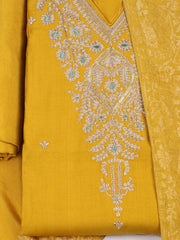 Embroidered Chanderi Mustard Unstitched Suit With Pant & Dupatta
