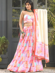 Abstract Print Satin Unstitched Lehenga Choli With Dupatta