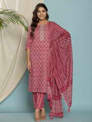 Printed Cotton Blend Kurta With Pants & Dupatta