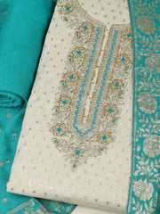 Embroidered Chanderi Cream-Lake Blue Unstitched Suit With Pant & Dupatta