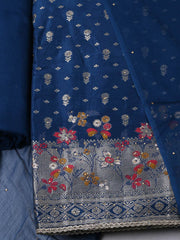 Woven Design Chanderi Navy Blue Unstitched Suit With Pant & Dupatta