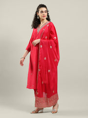 Embroidered Cotton Blend Kurta With Pants & Dupatta