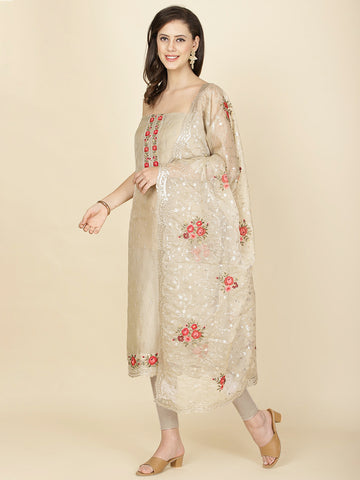 Resham Floral Embroidery Organza Unstitched Suit Piece With Dupatta