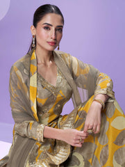 Embroidered Chinon Kurti With Plazzo & Dupatta
