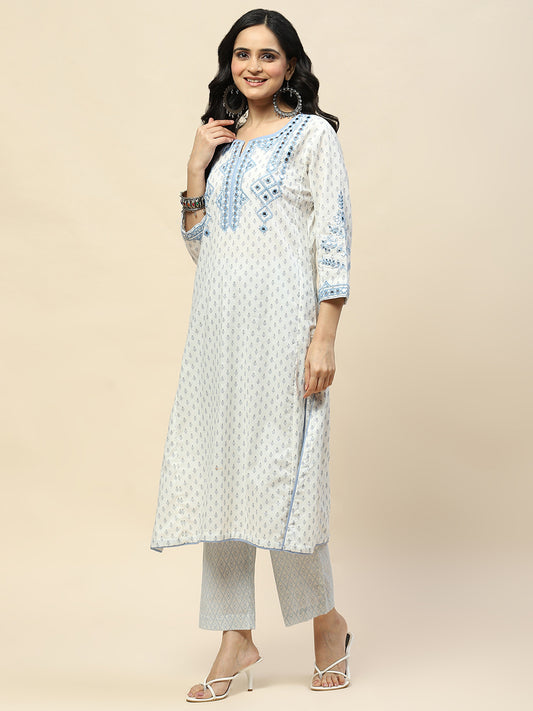 Neck Embroidered Cotton Straight Kurta With Pant