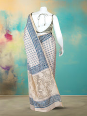 Printed Tussar Blue Beige Saree