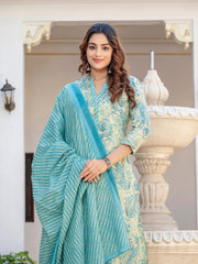 Printed Cotton Blend Kurta With Pants & Dupatta