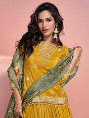 Embroidered Simar Silk Kurti With Sharara & Dupatta