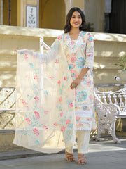 Printed Cotton Blend Kurta With Pants & Dupatta