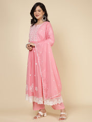 Embroidered Cotton Blend Kurta With Pants & Dupatta