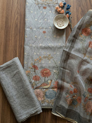 Embroidered Cotton Blend Unstitched Suit With Pant & Dupatta