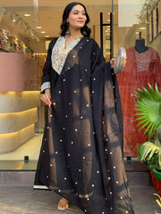 Mirror Work Cotton Blend Kurta With Pant And Dupatta