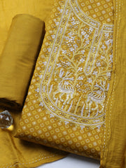 Embroidered Cotton Blend Unstitched Suit With Pant & Dupatta