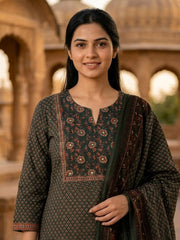 Embroidered Cotton Blend Kurta With Pant & Dupatta