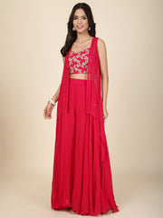 Resham Embroidery Georgette Crop Top With Sharara & Shrug