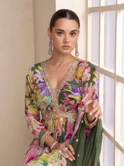 Embroidered Chinnon Kurti With Gharara & Dupatta