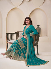 Embroidered Chinon Unstitched Suit With Pant & Dupatta